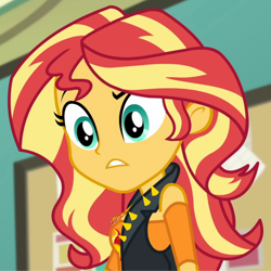 Size: 1626x1627 | Tagged: safe, derpibooru import, screencap, sunset shimmer, human, better together, equestria girls, forgotten friendship, g4, breasts, canterlot high, clothes, confused, cropped, cutie mark on clothes, eyebrows, frown, geode of empathy, jewelry, magical geodes, necklace, raised eyebrow, solo