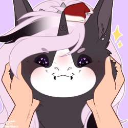 Size: 1000x1000 | Tagged: safe, artist:honeybbear, derpibooru import, oc, oc only, oc:digit morose, unicorn, cheek squish, christmas, commission, female, goth, hand, hat, holiday, horn, pastel goth, piercing, santa hat, spiked headband, squishy cheeks, ych result