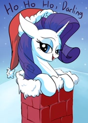 Size: 1000x1400 | Tagged: safe, artist:rocket-lawnchair, derpibooru import, rarity, pony, unicorn, g4, bust, chimney, christmas, darling, ears, female, floppy ears, hat, ho ho ho, holiday, lidded eyes, looking at you, mare, open mouth, open smile, outdoors, santa hat, smiling, smiling at you, snow, solo, sternocleidomastoid