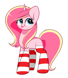 Size: 3513x4000 | Tagged: safe, artist:kittyrosie, derpibooru import, oc, oc only, oc:rosa flame, pony, unicorn, christmas sockcs, clothes, high res, simple background, socks, striped socks, tongue, tongue out, transparent background