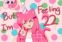 Size: 2048x1411 | Tagged: safe, artist:kittyrosie, derpibooru import, oc, oc only, oc:rosa flame, human, unicorn, balloon, choker, clothes, don't dead open inside, ear fluff, ears, eyes closed, humanized, humanized oc, neko, open mouth, socks, song reference, striped socks, taylor swift, tongue, tongue out