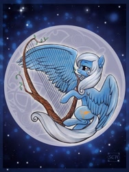 Size: 1620x2160 | Tagged: safe, artist:scheadar, derpibooru import, oc, oc only, oc:sunset songbird, pegasus, pony, female, full moon, harp, jewelry, mare, moon, musical instrument, smiling, solo, wing hands, wings