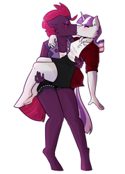 Size: 640x889 | Tagged: safe, artist:suenden-hund, derpibooru import, fizzlepop berrytwist, tempest shadow, twilight velvet, anthro, unguligrade anthro, unicorn, g4, blouse, blushing, bridal carry, broken horn, carrying, clothes, crack shipping, eyes closed, female, horn, kiss on the lips, kissing, lesbian, rule 63, ship:tempestvelvet, shipping, simple background, skirt, transgender, transparent background