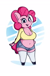 Size: 1753x2661 | Tagged: safe, artist:andelai, derpibooru import, pinkie pie, anthro, earth pony, unguligrade anthro, g4, belly, belly button, big breasts, breasts, chonk, chubby, cleavage, clothes, female, high res, pinkie pies, solo