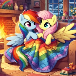 Size: 1024x1024 | Tagged: safe, ai content, derpibooru import, generator:bing image creator, generator:dall-e 3, machine learning generated, fluttershy, rainbow dash, pegasus, pony, g4, blanket, cozy, cute, duo, duo female, female, fire, fireplace, flower, flutterdash, holding hooves, indoors, lesbian, looking at each other, looking at someone, mare, prompter needed, shipping, sitting, snow, sofa, spread wings, tree, vase, window, wings