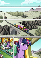 Size: 1204x1700 | Tagged: safe, artist:tarkron, derpibooru import, rarity, spike, twilight sparkle, twilight sparkle (alicorn), oc, oc:cosmo cool, alicorn, dragon, pony, unicorn, comic:the royal sandal, comic, friendship express, locomotive, steam locomotive, sunglasses, train, train tracks