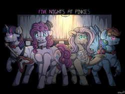 Size: 1280x960 | Tagged: safe, artist:binibean, derpibooru import, fluttershy, pinkie pie, rainbow dash, twilight sparkle, alicorn, earth pony, pegasus, pony, g4, animatronic, bib, bowtie, electric guitar, female, five nights at freddy's, glowing, glowing eyes, guitar, hat, mare, musical instrument, solo, top hat