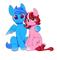 Size: 2827x3000 | Tagged: safe, artist:zeroonesunray, derpibooru import, oc, oc only, oc:darie, oc:lunatia elsa, earth pony, pegasus, 2024 community collab, derpibooru community collaboration, female, male, mare, simple background, sitting, transparent background