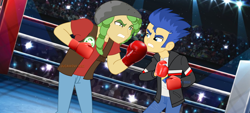 Size: 1920x864 | Tagged: safe, artist:jucamovi1992, derpibooru import, edit, flash sentry, sandalwood, human, equestria girls, g4, rainbow rocks, angry, battle of the bands, beanie, boxers, boxing, boxing gloves, boxing ring, clothes, facing each other, hat, jacket, leather, leather jacket, male, males only, sports, vector, vector edit, vector used