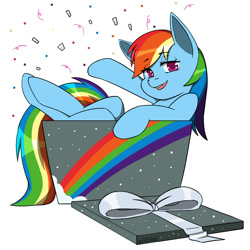 Size: 2000x2000 | Tagged: safe, artist:erein, derpibooru import, rainbow dash, pegasus, pony, g4, bedroom eyes, box, christmas, colored, commission, cute, ears up, female, flat colors, happy, holiday, multicolored hair, pony in a box, present, rainbow, simple background, smiling, solo, white background