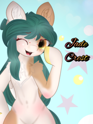 Size: 1642x2190 | Tagged: safe, artist:sodapop sprays, derpibooru import, oc, oc only, oc:jade crest, pegasus, pony, semi-anthro, arm hooves, belly, belly button, chest fluff, ear fluff, ears, female, freckles, looking at you, mare, smiling, smiling at you