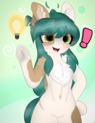 Size: 3128x4022 | Tagged: safe, artist:sodapop sprays, derpibooru import, oc, oc:jade crest, pegasus, pony, semi-anthro, arm hooves, belly, belly button, chest fluff, ear fluff, ears, female, freckles, idea, lightbulb, mare, solo