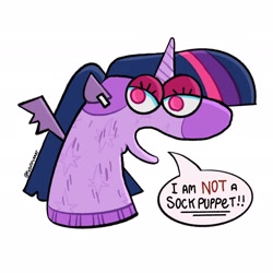 Size: 2048x2048 | Tagged: safe, artist:falloutfurret, derpibooru import, twilight sparkle, twilight sparkle (alicorn), alicorn, g4, dialogue, looking at you, simple background, sock puppet, solo, speech bubble, talking to viewer, white background