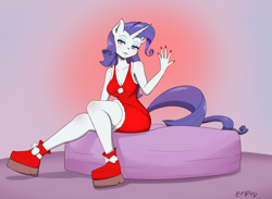 Size: 1200x880 | Tagged: safe, artist:empyu, derpibooru import, rarity, anthro, plantigrade anthro, g4, breasts, christmas, cleavage, clothes, dress, holiday, human facial structure, sitting