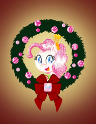 Size: 2550x3300 | Tagged: safe, artist:flutterluv, derpibooru import, part of a set, pinkie pie, earth pony, pony, g4, bust, christmas, christmas wreath, gradient background, holiday, portrait, smiling, solo, wreath