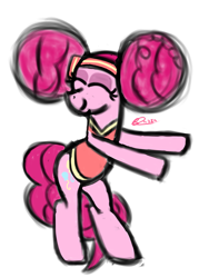 Size: 2707x3779 | Tagged: safe, artist:zestymf, derpibooru import, pinkie pie, earth pony, pony, g4, afro, balloonbutt, bipedal, buckball, buckball uniform, butt, clothes, cutie mark, dancing, eyes closed, eyeshadow, happy, headband, makeup, paint tool sai, pinkie being pinkie, pinktails pie, signature, simple background, smiling, solo, uniform, white background