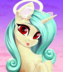 Size: 2450x2800 | Tagged: safe, artist:inowiseei, derpibooru import, oc, oc only, oc:seven sister, pony, unicorn, :p, chest fluff, ear fluff, ears, female, halo, horn, mare, solo, tongue, tongue out, unicorn oc