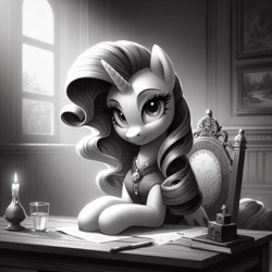 Size: 1024x1024 | Tagged: safe, ai content, derpibooru import, generator:dall-e 3, machine learning generated, rarity, pony, unicorn, g4, candle, chair, clothes, desk, female, glass of water, grayscale, indoors, looking at you, mare, monochrome, office, painting, paper, pen, prompter needed, solo, window