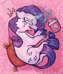 Size: 512x594 | Tagged: safe, artist:kuakkit, derpibooru import, rarity, pony, unicorn, g4, cloven hooves, crying, curled up, curved horn, female, food, horn, ice cream, lying down, magic, makeup, mare, pillow, running makeup, solo, spoon, telekinesis, unshorn fetlocks