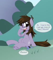 Size: 3650x4134 | Tagged: safe, artist:mentalcrash, derpibooru import, oc, oc only, oc:honey forest, earth pony, pony, dialogue, female, glasses, grin, high res, macro, mare, sitting, sitting on person, sitting on pony, smiling, speech bubble