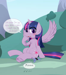 Size: 3650x4134 | Tagged: safe, artist:mentalcrash, derpibooru import, twilight sparkle, twilight sparkle (alicorn), oc, alicorn, pony, blushing, dialogue, eye clipping through hair, female, grin, high res, macro, mare, sitting, sitting on person, sitting on pony, smiling, speech bubble, spread wings, wings, worried