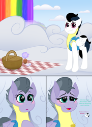 Size: 3600x4968 | Tagged: safe, artist:feather_bloom, derpibooru import, oc, oc:shock wave, oc:slick blitz, pegasus, pony, basket, blushing, candle, clothes, cloud, comic, date, detailed background, flower, in love, picnic, picnic basket, picnic blanket, rainbow, rainbow waterfall, romantic, uniform, wonderbolt trainee uniform