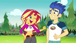 Size: 1280x720 | Tagged: safe, derpibooru import, edit, edited screencap, screencap, flash sentry, sunset shimmer, equestria girls, g4, legend of everfree, belly button, camp everfree, camp everfree outfits, female, flashimmer, male, midriff, one eye closed, pine tree, punch, shipping, straight, tree, wink