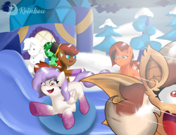 Size: 3980x3080 | Tagged: safe, artist:reinbou, derpibooru import, oc, oc only, oc:delicatezza, oc:dokko, oc:rein, oc:sparkling cogs, oc:sweet cinnamon, bat pony, earth pony, pegasus, pony, unicorn, female, male, mare, snow, snowpony, stallion, starlight ridge