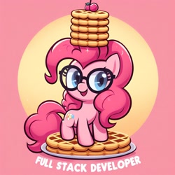 Size: 1024x1024 | Tagged: safe, ai content, derpibooru import, generator:dall-e 3, machine learning generated, pinkie pie, earth pony, pony, g4, chibi, food, giant food, glasses, looking at you, meme, ponified, ponified meme, simple background, smiling, smol, solo, species swap, text, tower, waffle