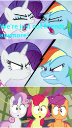 Size: 339x603 | Tagged: safe, derpibooru import, edit, edited screencap, screencap, apple bloom, rainbow dash, rarity, scootaloo, sweetie belle, earth pony, pegasus, pony, unicorn, g4, the end in friend, angry, comic, cutie mark crusaders, female, reaction image, screencap comic, shocked