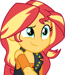 Size: 3000x3446 | Tagged: safe, artist:cloudy glow, derpibooru import, sunset shimmer, better together, cheer you on, equestria girls, g4, clothes, cutie mark on clothes, eyebrows, grin, leather, leather vest, raised eyebrow, reaching, shoulderless shirt, simple background, smiling, solo, spikes, thank you, transparent background, vector, vest