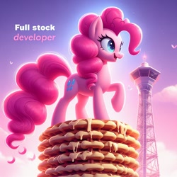 Size: 1024x1024 | Tagged: safe, ai content, derpibooru import, generator:dall-e 3, machine learning generated, pinkie pie, earth pony, pony, g4, chibi, food, giant food, looking at you, meme, misspelling, ponified, ponified meme, simple background, smiling, smol, solo, species swap, text, tower, waffle, wrong cutie mark
