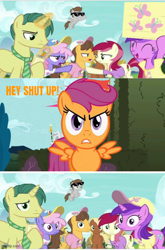 Size: 426x645 | Tagged: safe, derpibooru import, edit, edited screencap, screencap, scootaloo, earth pony, pegasus, pony, unicorn, fame and misfortune, g4, the return of harmony, comic, fans, female, filly, foal, male, reaction image, scolding, screencap comic