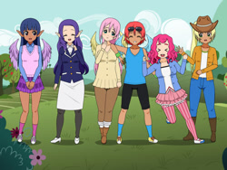 Size: 800x600 | Tagged: safe, derpibooru import, applejack, fluttershy, pinkie pie, rainbow dash, rarity, twilight sparkle, human, g4, elf ears, humanized, kisekae, light skin, mane six, moderate dark skin, tan skin, winged humanization, wings