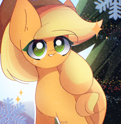 Size: 2500x2560 | Tagged: safe, artist:miryelis, derpibooru import, applejack, earth pony, pony, g4, abstract background, big ears, cowboy hat, cute, ears, female, hat, long hair, mare, smiling, snow, snowflake, solo, sparkles, standing