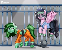 Size: 2167x1750 | Tagged: safe, artist:zendora, derpibooru import, oc, oc:eden shallowleaf, oc:galactic lights, ball and chain, clothes, commissioner:rainbowdash69, duo, jail, jail cell, jumpsuit, never doubt rainbowdash69's involvement, police uniform, prison cell, prison outfit, prisoner, unshorn fetlocks