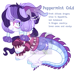 Size: 2500x2500 | Tagged: safe, artist:shineyaris, derpibooru import, oc, oc only, oc:peppermint cold, dracony, dragon, hybrid, pony, antlers, bald face, beads, blaze (coat marking), christmas, christmas sweater, clothes, coat markings, colored eyelashes, colored hooves, dragon horns, dragon tail, facial markings, female, floating, glitter, gradient eyelashes, gradient horn, gradient mane, gradient tail, grin, holiday, horn, horns, obtrusive watermark, simple background, slit eyes, smiling, solo, sparkly horn, sparkly mane, sparkly tail, sweater, tail, text, unshorn fetlocks, watermark, white background