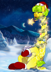 Size: 2480x3508 | Tagged: safe, artist:arctic-fox, derpibooru import, oc, oc only, oc:lemon drop, giraffe, bauble, being a christmas tree, belly, chocolate, christmas, christmas lights, christmas ornament, christmas star, christmas stocking, clothes, crescent moon, decoration, eyes closed, female, food, garland, giraffied, happy, hat, high res, holiday, hoof hold, hot chocolate, leg hold, long neck, long tongue, marshmallow, mittens, moon, mountain, mountain range, mug, night, outdoors, prehensile tongue, round belly, santa hat, sitting, smiling, snow, socks, solo, species swap, starry night, tongue, tongue out
