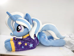 Size: 4624x3472 | Tagged: safe, artist:lanacraft, derpibooru import, trixie, pony, unicorn, g4, alternate hairstyle, babysitter trixie, clothes, hoodie, irl, lying down, photo, plushie, prone, smiling, sploot