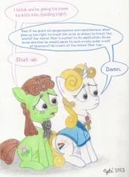 Size: 1225x1687 | Tagged: safe, artist:opti, derpibooru import, oc, oc:broadside barb, oc:guiding light, earth pony, pony, unicorn, dialogue, duo, female, i think we're gonna have to kill this guy, meme, speech bubble, traditional art, vulgar