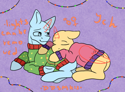 Size: 1500x1095 | Tagged: safe, artist:deadsmoke, derpibooru import, any gender, any race, auction, christmas, clothes, commission, cozy, holiday, lights, sleeping, sweater, your character here