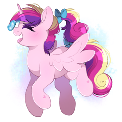 Size: 1958x1958 | Tagged: safe, artist:adostume, derpibooru import, princess cadance, alicorn, butterfly, pony, g4, blushing, bow, butterfly on nose, digital art, eyes closed, female, flying, hair bow, heart, insect on nose, mare, open mouth, open smile, ponytail, simple background, smiling, solo, spread wings, tail, tail bow, wings