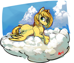 Size: 4495x3852 | Tagged: safe, artist:alumx, derpibooru import, oc, oc:caramel drop, pegasus, cloud, female, looking at you, lying down, mare, no source available, painting, patreon, patreon reward, simple background, smiling, smiling at you