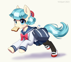 Size: 2208x1908 | Tagged: safe, artist:vinilyart, derpibooru import, coco pommel, earth pony, pony, g4, clothes, cocobetes, cute, female, hello kitty, mare, mouth hold, pantyhose, running, school uniform, schoolgirl toast, shoes, simple background, skirt, solo, uniform, white background