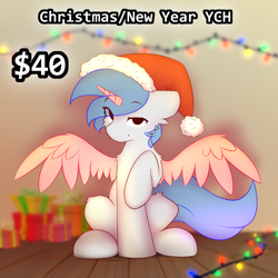 Size: 3000x3000 | Tagged: safe, artist:o0o-bittersweet-o0o, derpibooru import, oc, alicorn, earth pony, pegasus, pony, any gender, christmas, clothes, commission, eye clipping through hair, garland, happy new year, hat, holiday, indoors, looking at you, present, raised hoof, raised leg, santa hat, sitting, solo, spread wings, text, tree, wings, your character here