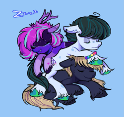 Size: 937x888 | Tagged: safe, artist:kreeeeeez, derpibooru import, oc, oc:drowsy geode, oc:hestr, oc:twilight bubbles, cuddle puddle, cuddling, pony pile