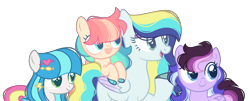 Size: 3731x1507 | Tagged: safe, artist:pixiesimm, derpibooru import, oc, oc only, oc:pandora (pixiesimm), oc:spectrum daisy, oc:sunshine beach, oc:vapor dust, pegasus, pony, base used, female, filly, foal, mare, offspring, parent:blossomforth, parent:cloudchaser, parent:sky stinger, parent:soarin', parent:star hunter, parent:vapor trail, parents:vaporsky, simple background, transparent background