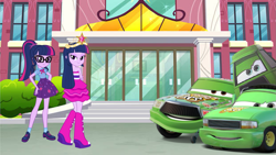 Size: 1223x689 | Tagged: safe, artist:fireluigi29, derpibooru import, sci-twi, twilight sparkle, twilight sparkle (alicorn), alicorn, human, equestria girls, g4, 1000 years in photoshop, big crown thingy, canterlot high, car, cars (pixar), chick hicks, chief chick, element of magic, fall formal outfits, forklift, jewelry, pickup truck, random pictures pasted next to each other, regalia, twolight, wide chick pity