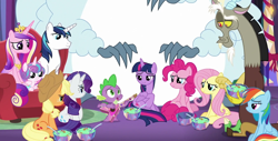Size: 1106x563 | Tagged: safe, derpibooru import, edit, edited screencap, editor:incredibubbleirishguy, screencap, applejack, discord, fluttershy, pinkie pie, princess cadance, princess flurry heart, rainbow dash, rarity, shining armor, spike, twilight sparkle, twilight sparkle (alicorn), alicorn, draconequus, dragon, earth pony, pegasus, pony, unicorn, best gift ever, g4, baby, baby pony, bowl, composite screencap, crown, eyebrows, father and child, father and daughter, female, foal, folded wings, food, guitar, jewelry, lidded eyes, looking at someone, male, mane seven, mane six, mare, mother and child, mother and daughter, musical instrument, panorama, parent and child, peytral, pudding, raised eyebrow, regalia, singing, sitting, sofa, spoon, stallion, the true gift of gifting, tiara, wings, winterchilla, winterzilla