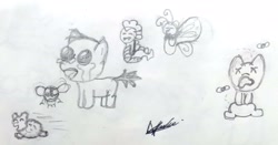 Size: 2544x1328 | Tagged: safe, artist:elidiotadelaesquina, derpibooru import, spike, breezie, fluffy pony, parasprite, g4, crying, the binding of isaac, traditional art